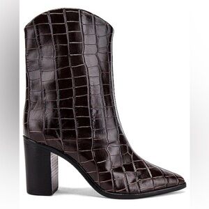 SCHUTZ Dark Brown Croc-Embossed Heeled Boots - Like New